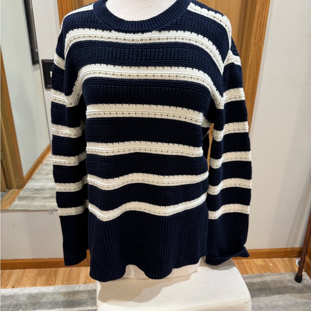 GAP Navy and Cream Striped Crewneck Sweater